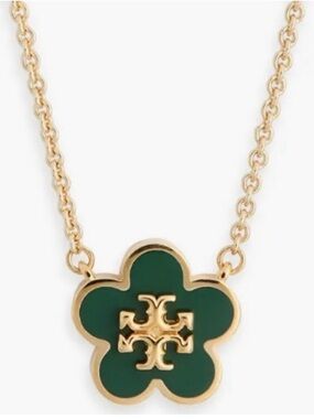 Tory Burch Green Enamel Clover Pendant Necklace “Forget me not ”new